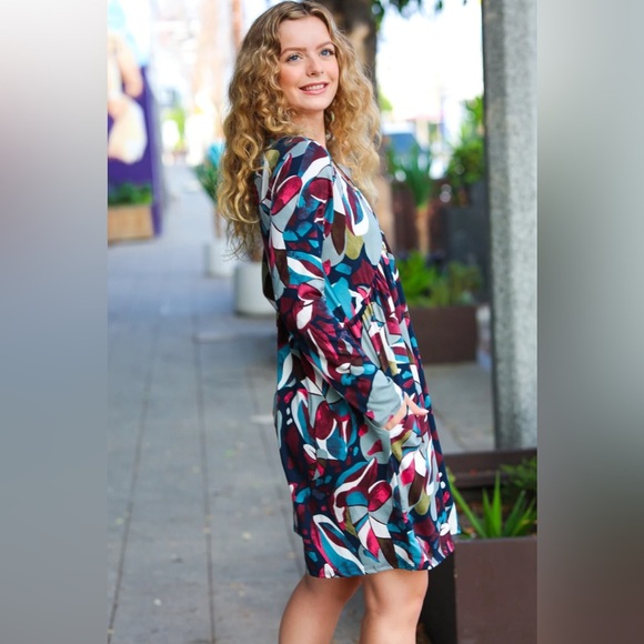 Bedazzle In Navy & Plum Abstract Print Side Pocket Dress - Picture 8 of 16